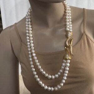 Freshwater Pearls Necklace With Large Side Macro Pave Clasp ,Handmade in the USA